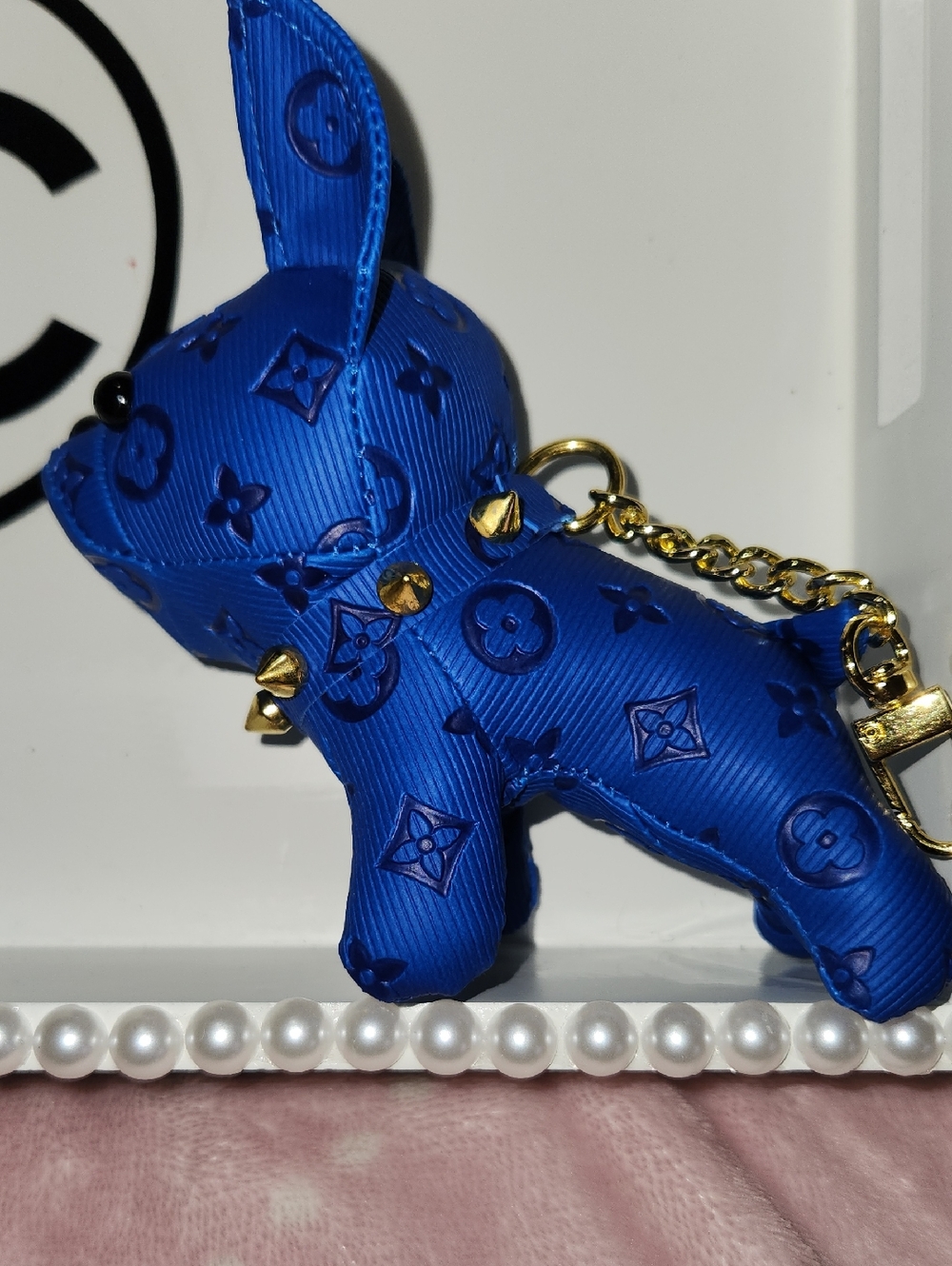 Blue French Bulldog Dog Keychain with Gold Studs